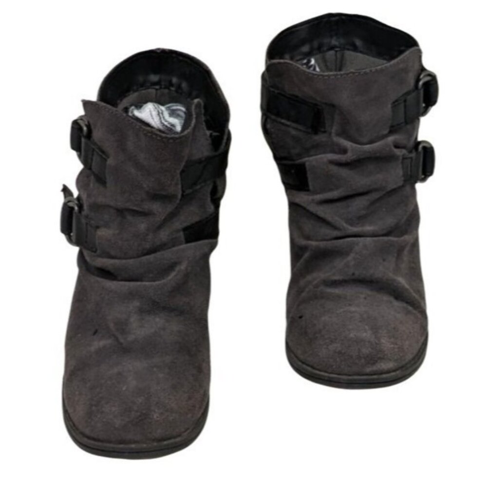 Gray Suede Ankle Boots With Double Buckle Straps & Low Heel 38f